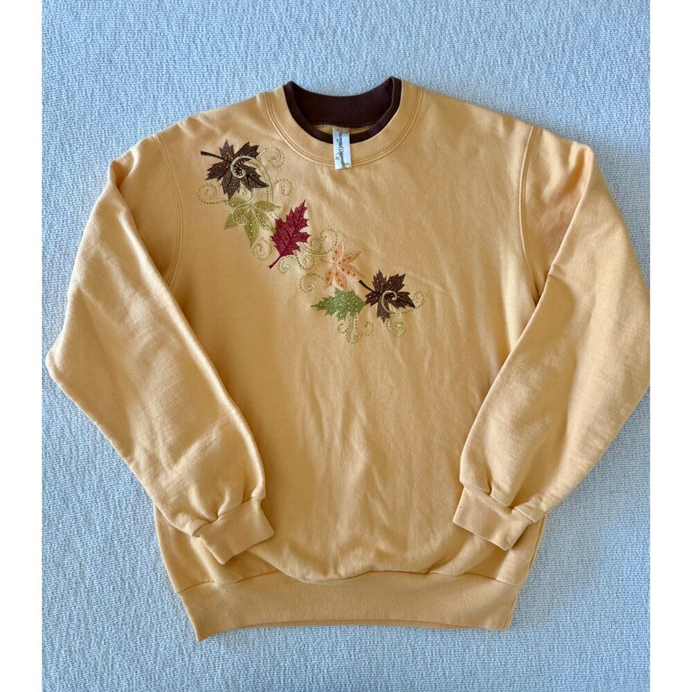 Decorated Originals Mustard Yellow Embroidered Fall Leaf Sweatshirt Womens Small